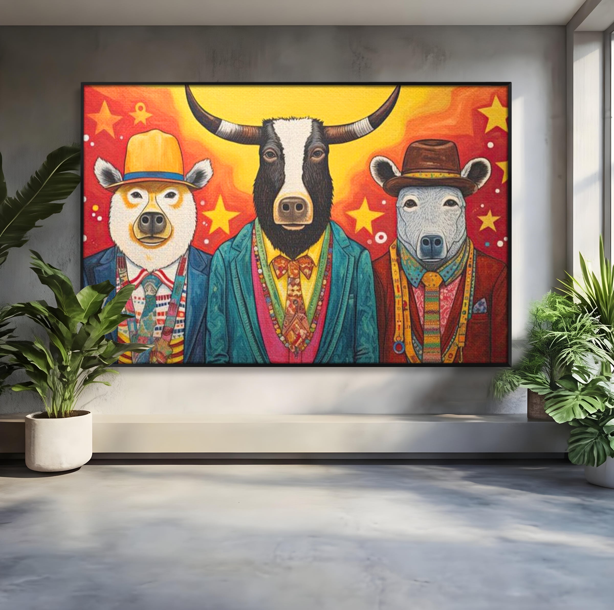 Tablou canvas cu tablou canvas cu trei animale antropomorfe stilizate, in rama de aluminiu negru